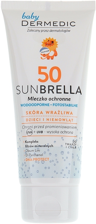 PRZECENA! Wodoodporne fotostabilne mleczko ochronne do wrażliwej skóry dzieci i niemowląt SPF 50+ - Dermedic Sunbrella * — Zdjęcie N1