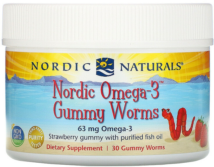 Suplement diety dla dzieci o smaku truskawkowym Omega 3, 63 mg - Nordic Naturals Gummy Worms — Zdjęcie N1