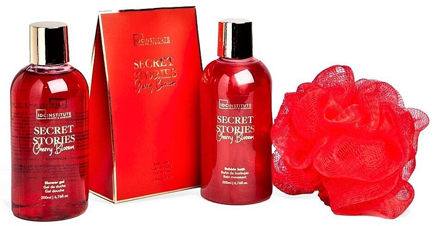 Zestaw - IDC Institute Secret Stories Cherry Blosom Set (sh/gel/200ml + b/wash/200ml + b/salt/250g + sponge/1pcs) — Zdjęcie N1