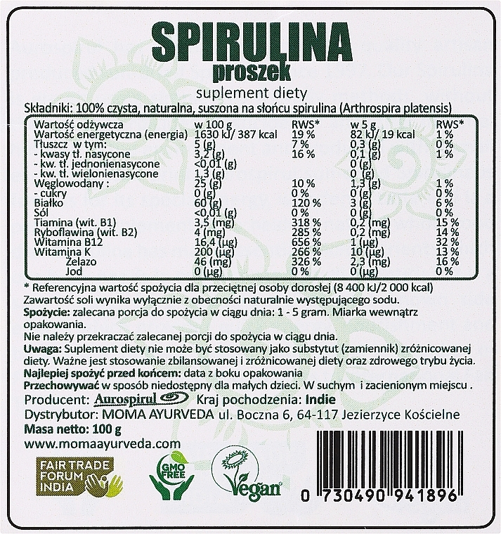 Suplement diety Spirulina w proszku - Moma Aurospirul Spirulina Powder — Zdjęcie N2