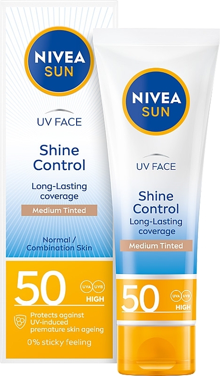 Matujący krem do twarzy - NIVEA SUN UV Face Shine Control Mattifying Effect Medium Tinted Cream SPF50