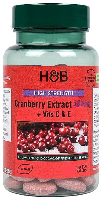 Żurawina + witaminy C i E, suplement diety, 400 mg - Holland & Barrett High Strength Cranberry Extract + Vits C & E 400mg — Zdjęcie N1