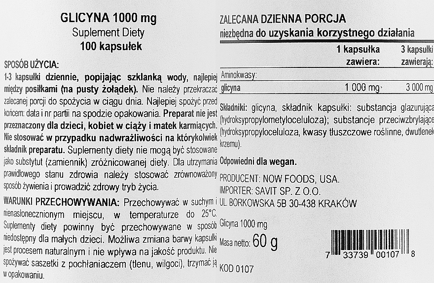 Aminokwas Glicyna, 1000 mg - Now Foods Glycine — Zdjęcie N2