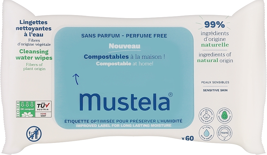 Chusteczki oczyszczające dla niemowląt, bezzapachowe - Mustela Compostable Unscented Cleansing Wipes — Zdjęcie N1