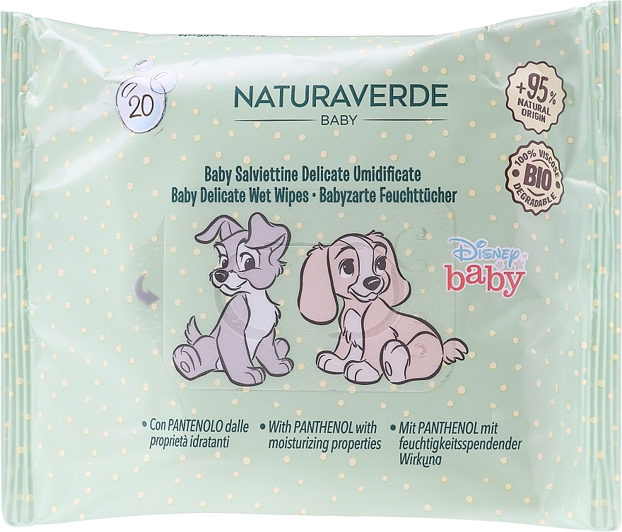 Chusteczki nawiilżane dla niemowląt, 20 szt., Zakochany Kundel - Naturaverde Baby Disney Bio Delicate Wipes Lady & The Tramp — Zdjęcie N1