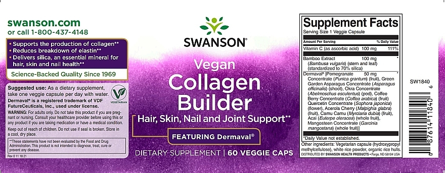 Suplement diety Kolagen - Swanson Collagen Builder Vegan — Zdjęcie N2