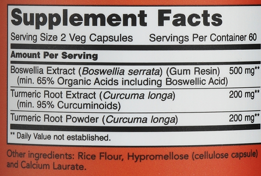 Kapsułki wegetariańskie o kompleksowym działaniu Ekstrakt z żywicy kadzidłowca + kurkuma 250 mg - Now Foods Boswellia Extract — Zdjęcie N2