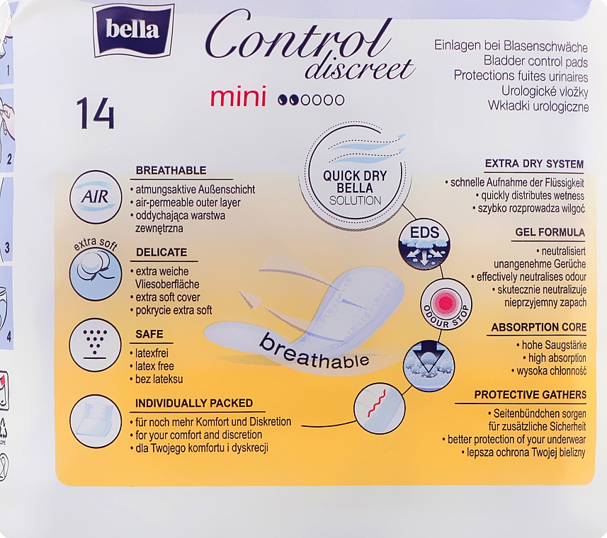 Wkładki urologiczne, 14 szt. - Bella Control Discreet Mini Bladder Control Pads — Zdjęcie N2