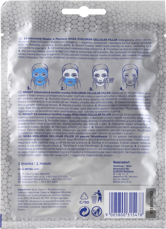 Maska na tkaninie poprawiająca kontur twarzy - Nivea Hyaluron Cellular Filler 10 Minutes Sheet Mask — Zdjęcie N2