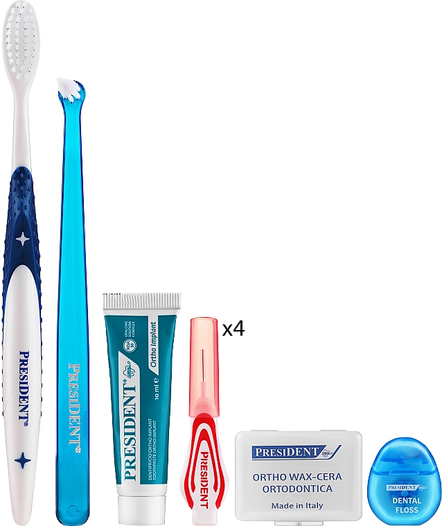 Zestaw ortodontyczny, niebieska szczoteczka - PresiDENT (toothpaste 20 ml + toothbrush 1szt. + d/s/brush 4 szt. + single brush 1szt. + wax 1 szt. + dental floss 1 szt. + penal)