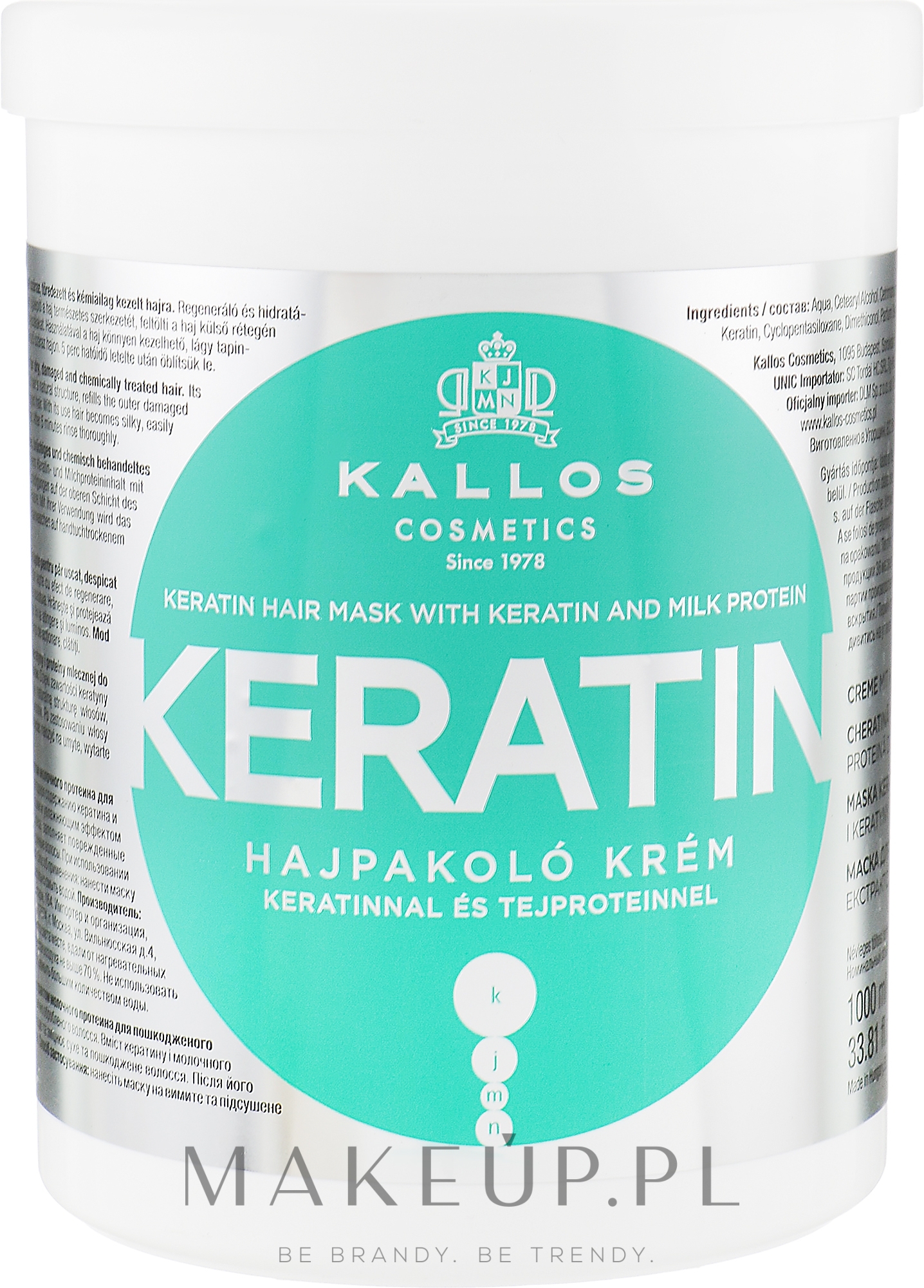 Kallos Cosmetics Keratin Hair Mask - Keratynowa maska do włosów z proteinami mleka i keratyny do włosów suchych i łamiących się — Zdjęcie 1000 ml