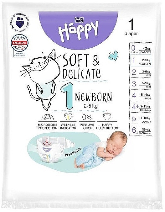 Pieluchy dziecięce 2-5 kg, rozmiar 1 Newborn, 1 sztuka - Bella Baby Happy Soft & Delicate — Zdjęcie N1