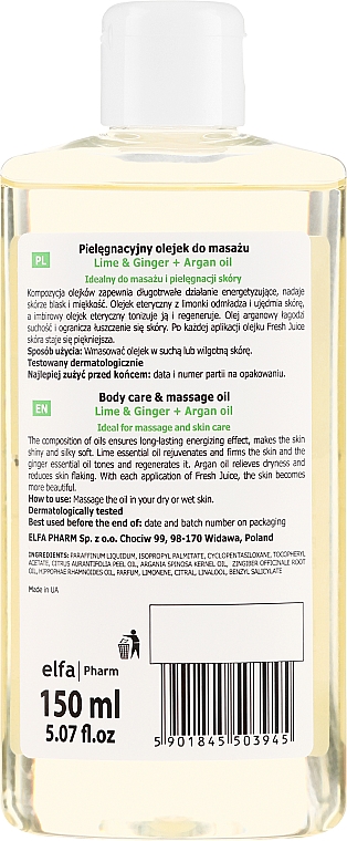 Olejek do pielęgnacji i masażu ciała Limonka, imbir i olej arganowy - Fresh Juice Energy Lime&Ginger+Argan Oil — Zdjęcie N2