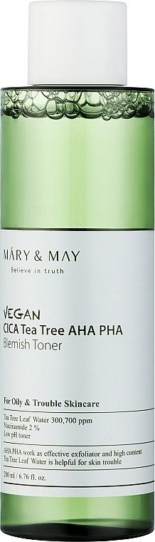 Tonik do twarzy z wąkrotą azjatycką i drzewem herbacianym - Mary & May Vegan Cica Tea Tree AHA PHA Toner — Zdjęcie N1