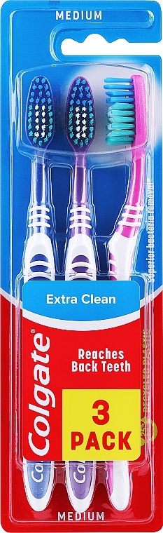 Szczoteczki do zębów, średnie, niebieska + fioletowa + różowa - Colgate Extra Clean Medium — Zdjęcie N1