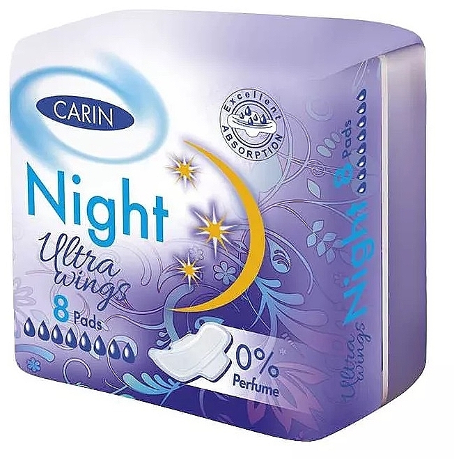 Podpaski higieniczne, 8 szt. - Carin Ultra Wings Night 0% Perfume — Zdjęcie N1