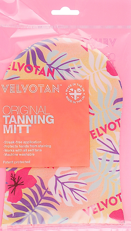 Rękawica do aplikowania samoopalacza, żółto-pomarańczowa w tropikalne liście - Velvotan The Original Tanning Mitt