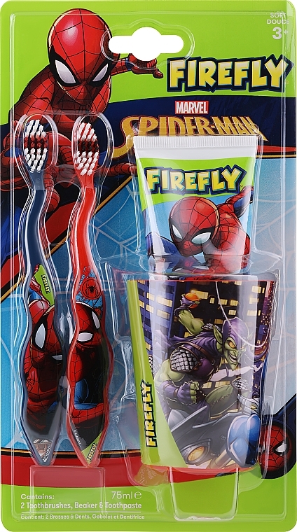 Zestaw szczoteczek do zębów dla dzieci z pastą do zębów - Firefly Marvel Spiderman (toothpaste/75 ml + toothbrush/2 pcs + beaker/1 pcs) — Zdjęcie N1