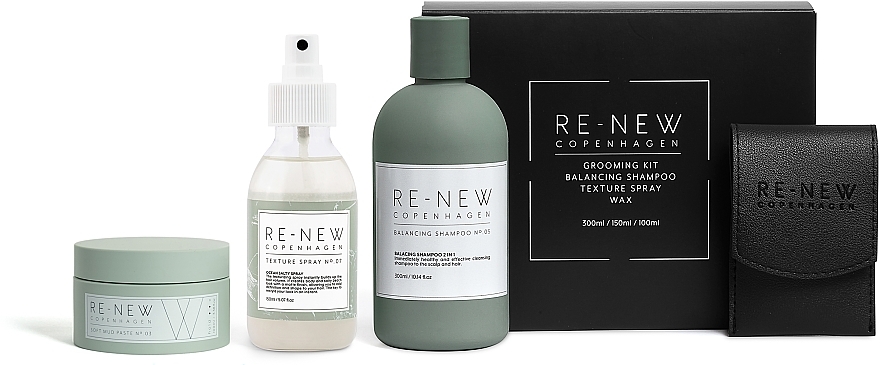 Zestaw, 4 produkty - Re-New Copenhagen Essential Grooming Kit (Balancing Shampoo №05 + Texture Spray №07 + Soft Mud Paste №03) — Zdjęcie N1