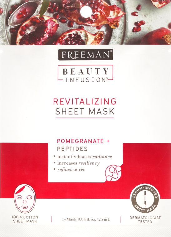 Rewitalizująca maska na tkaninie do twarzy - Freeman Beauty Infusion Revitalizing Sheet Mask Pomegranate + Peptides — Zdjęcie N1