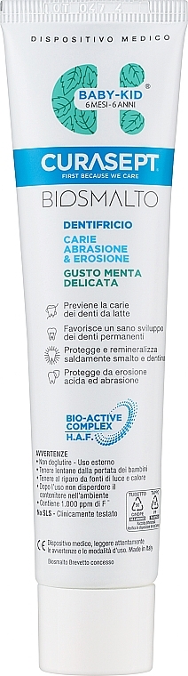 Pasta do zębów dla dzieci od 6 miesięcy do 6 lat, miętowa - Curaprox Curasept Biosmalto Baby-Kid Caries, Abrasion & Erosion Delicate Mint — Zdjęcie N1