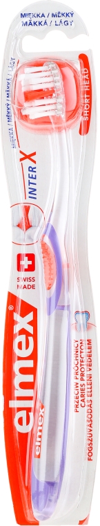 Miękka szczoteczka do zębów przeciw próchnicy, przezroczysto-fioletowa - Elmex Toothbrush Caries Protection InterX Soft Short Head — Zdjęcie N1