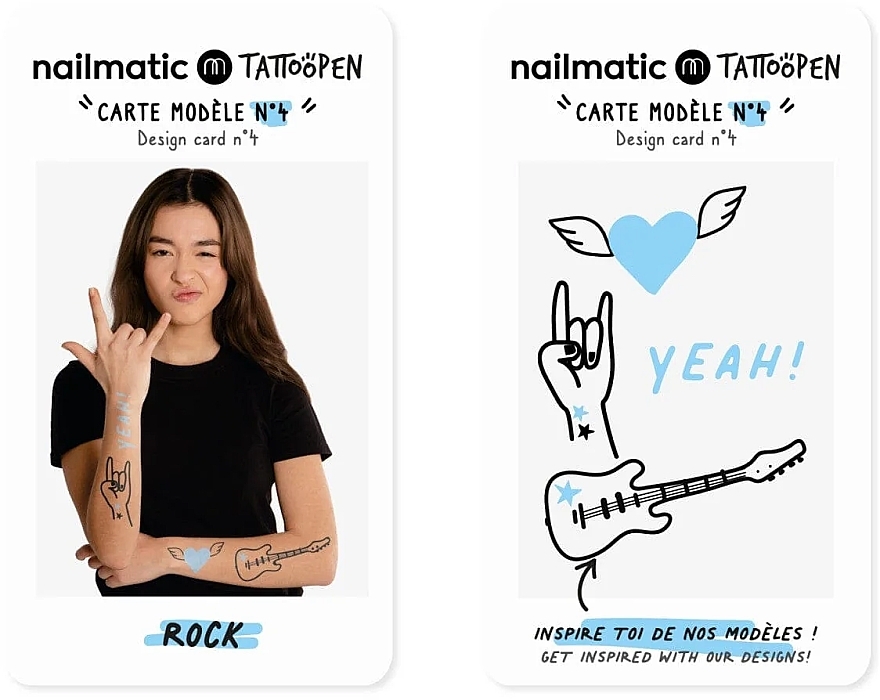 Zestaw do tymczasowych tatuaży - Nailmatic Tattoopen Duo Set Rock (pen/2x2.5g + kards/4pcs) — Zdjęcie N2