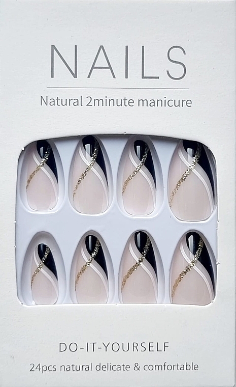 Sztuczne paznokcie ze zdobieniem w kolorze czarnym, złotym i białym, 24 szt. - Deni Carte Nails Natural 2 Minutes Manicure  — Zdjęcie N1