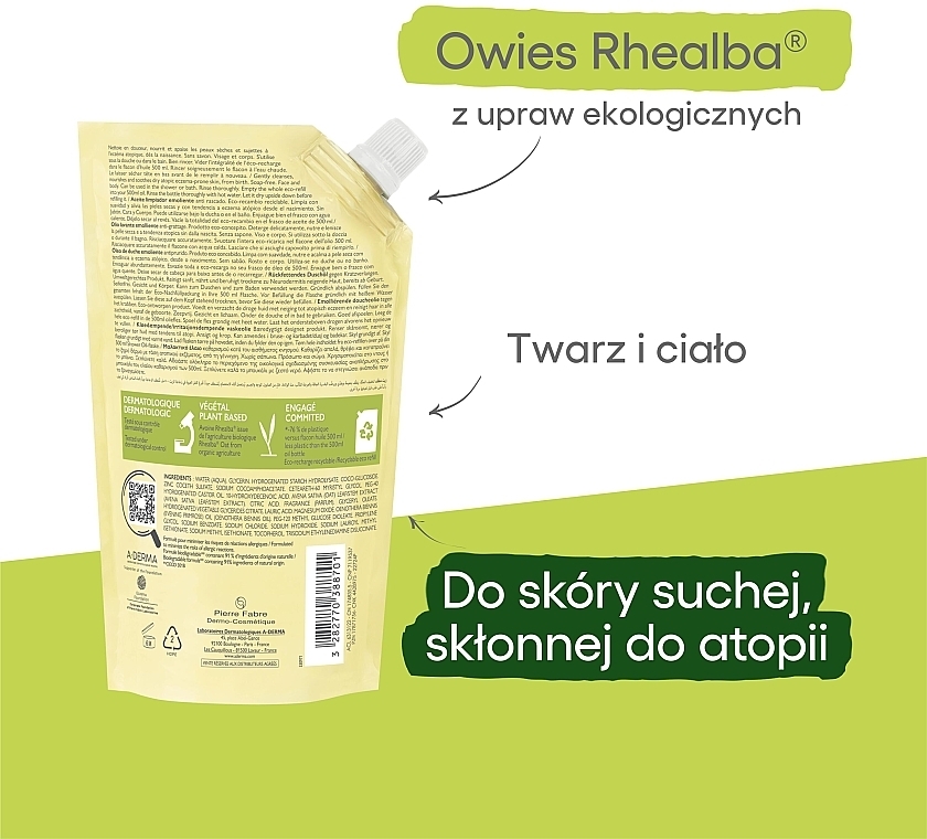 Oczyszczający olejek pod prysznic i do kąpieli - A-Derma Exomega Control Emollient Shower Oil Eco Refill (wymienny wkład) — Zdjęcie N6