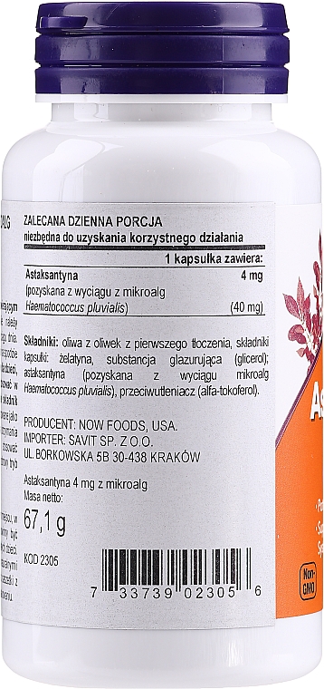Suplement diety Astaksantyna, 4 mg - Now Foods Astaxanthin Cellular Protection — Zdjęcie N2
