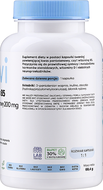 Suplement diety w kapsułkach Witamina B5 + kwas pantotenowy 200 mg - Osavi Vitamin B5 Pantothenic Acid — Zdjęcie N2