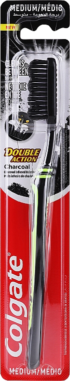 Szczoteczka do zębów średniej twardości Węgiel drzewny, czarno-jasnozielona - Colgate Double Action Charcoal Medium Toothbrush — Zdjęcie N1