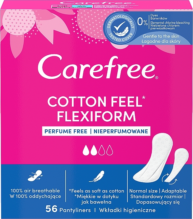 Wkładki higieniczne, 56 szt. - Carefree Cotton FlexiForm Unscented