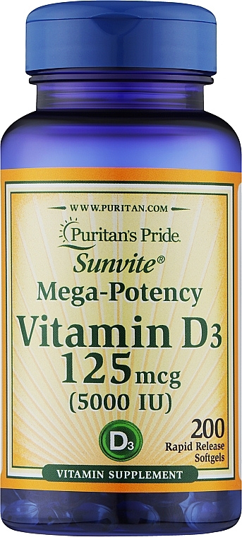 Suplement diety Witamina D3 - Puritan's Pride Mega-Potency Vitamin D3 5000 IU — Zdjęcie N1