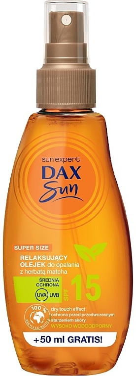 Relaksujący olejek do opalania z herbatą matcha SPF 15 - Dax Sun — Zdjęcie N1