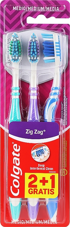 Szczoteczka do zębów 3 szt., średnia, zielona+fioletowa+niebieska - Colgate Medium Toothbrush — Zdjęcie N1