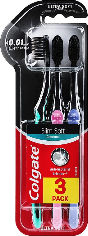 Zestaw ultramiękkich szczoteczek do zębów, turkusowa + różowa + fioletowa - Colgate Slim Soft Charcoal Ultra Soft — Zdjęcie N1