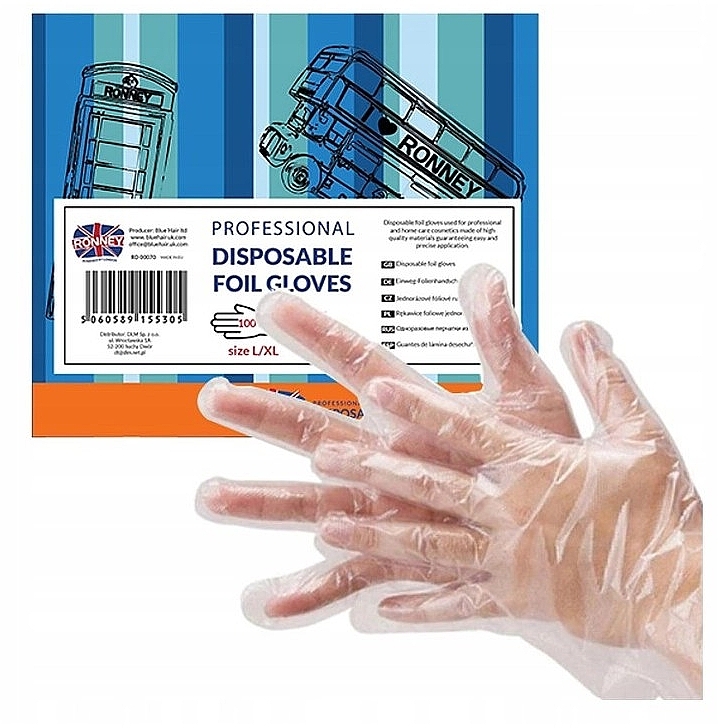 Jednorazowe rękawiczki, przeźroczyste, L/XL, 100 szt. - Ronney Professional Disposable Foil Gloves — Zdjęcie N2