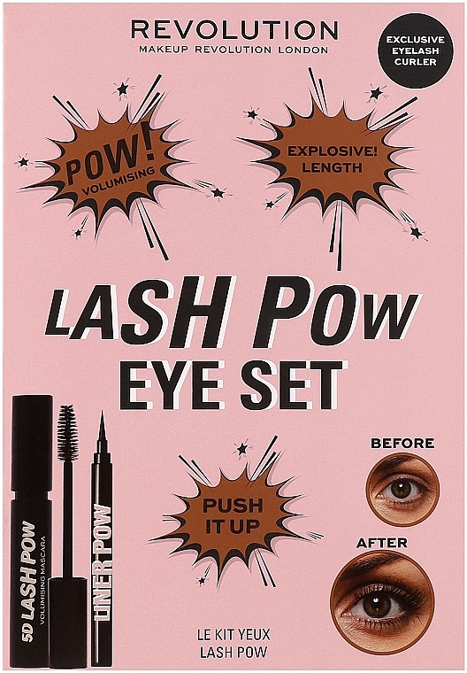 Zestaw - Makeup Revolution Lash Pow Eye Duo Gift Set (eyelash curler/1pc + mascara/12.2ml + eyeliner/3ml) — Zdjęcie N1