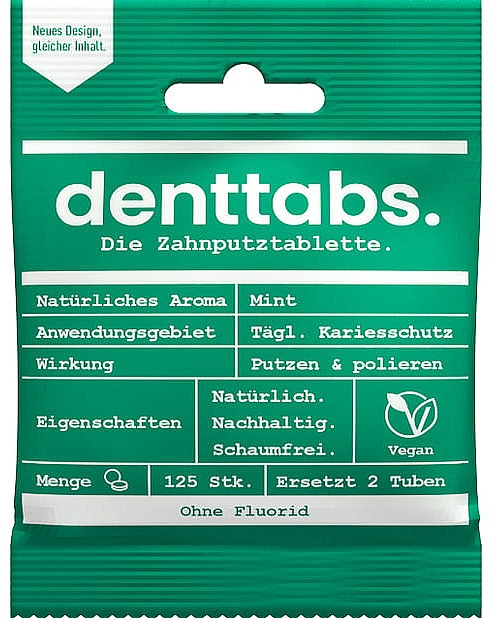 Miętowe tabletki do czyszczenia zębów bez fluoru - Denttabs Teeth Cleaning Tablets Mint Fluoride Free — Zdjęcie N1