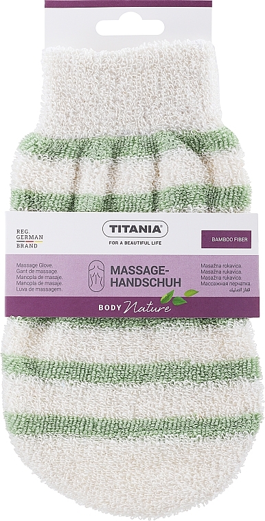 Rękawica do masażu dwukolorowa, biała z zielonymi paskami - Titania — Zdjęcie N1