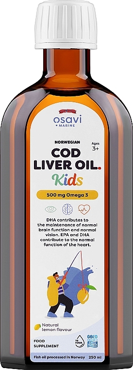 Suplement diety dla dzieci Omega 3, 500 mg, smak cytrynowy - Osavi Tran Norweski Kids  — Zdjęcie N1