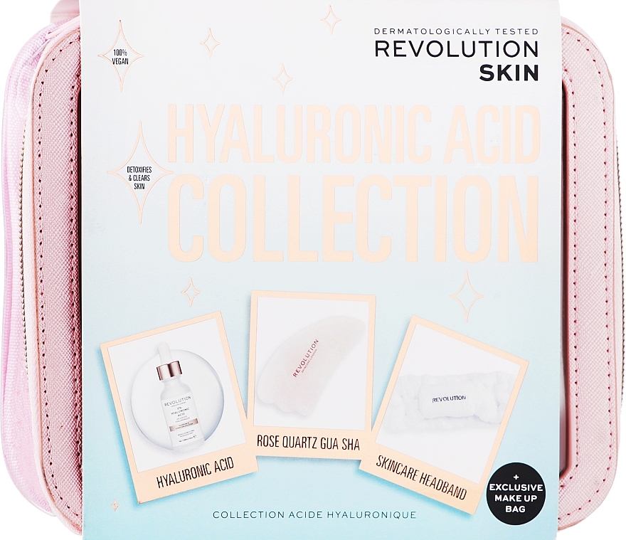 Zestaw - Makeup Revolution Skincare The Hyaluronic Acid Skincare Gift Set (bag/1pc + headband/1pc + f/mass/1pc + f/ser/30ml) — Zdjęcie N1