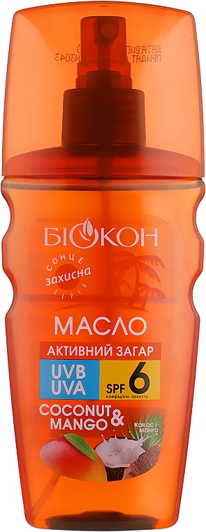 Aktywny olejek do opalania. Kokos i mango SPF 6 - Biokon — Zdjęcie N1