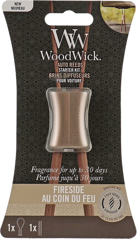 Dyfuzor zapachowy do samochodu (z możliwością wymiany) - Woodwick Fireside Auto Reeds Starter Kit — Zdjęcie N1