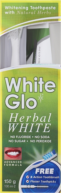 Zestaw z biało-zieloną szczoteczką do zębów - White Glo Herbal White Set (t/paste/100ml + t/brush/1pc + dental/flosser) — Zdjęcie N2