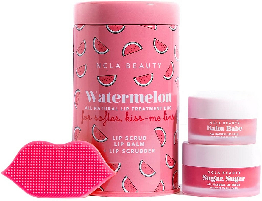 Zestaw do pielęgnacji ust Arbuz - NCLA Beauty Watermelon Lip Care (l/balm/10ml + l/scrub/15ml + scrubber) — Zdjęcie N1