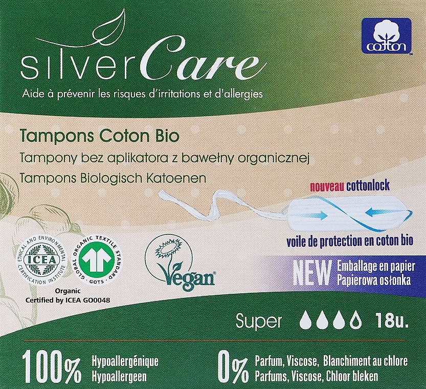 Tampony z bawełny organicznej, Super, 18szt - Masmi Silver Care — Zdjęcie N1