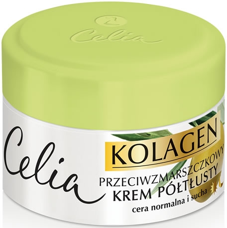 Przeciwzmarszczkowy krem półtłusty na dzień i na noc do cery normalnej i suchej Kolagen + oliwka - Celia Kolagen