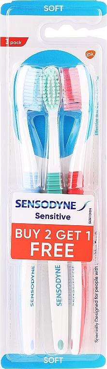 Zestaw szczoteczek do zębów, 3 sztuki, niebieska + zielona + czerwona - Sensodyne Sensitive Toothbrush 2+1 Pack — Zdjęcie N1